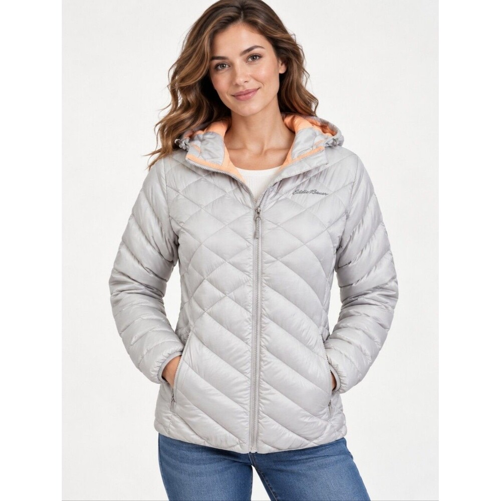 EUC Eddie Bauer women's silver grey quilted hooded puffer jacket coat S